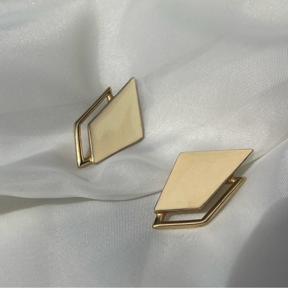 Monet Jewelry - Vintage Monet Triangle Earrings Gold and Cream Enamel Pierced Geometric Earrings